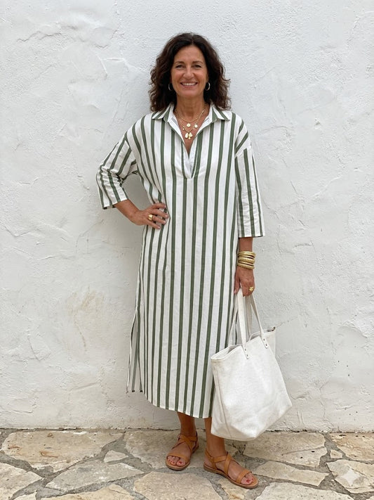Velira – Vestido camisero midi de rayas verticales Verde