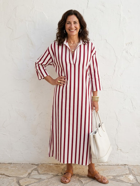 Velira – Vestido camisero midi de rayas verticales Rojo