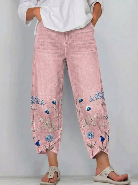 Anvera – Pantalones de algodón bordados Rosa