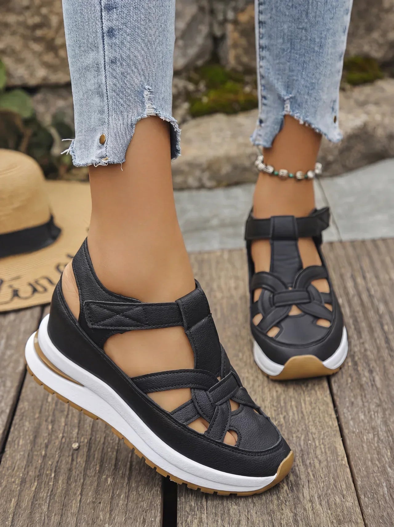 Orlise – De cuña con correa de velcro y suela de goma, sandalias