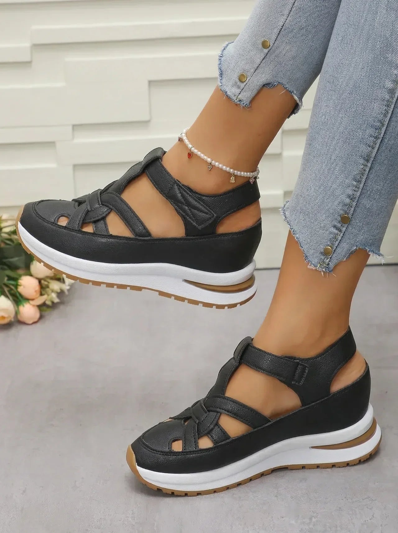 Orlise – De cuña con correa de velcro y suela de goma, sandalias