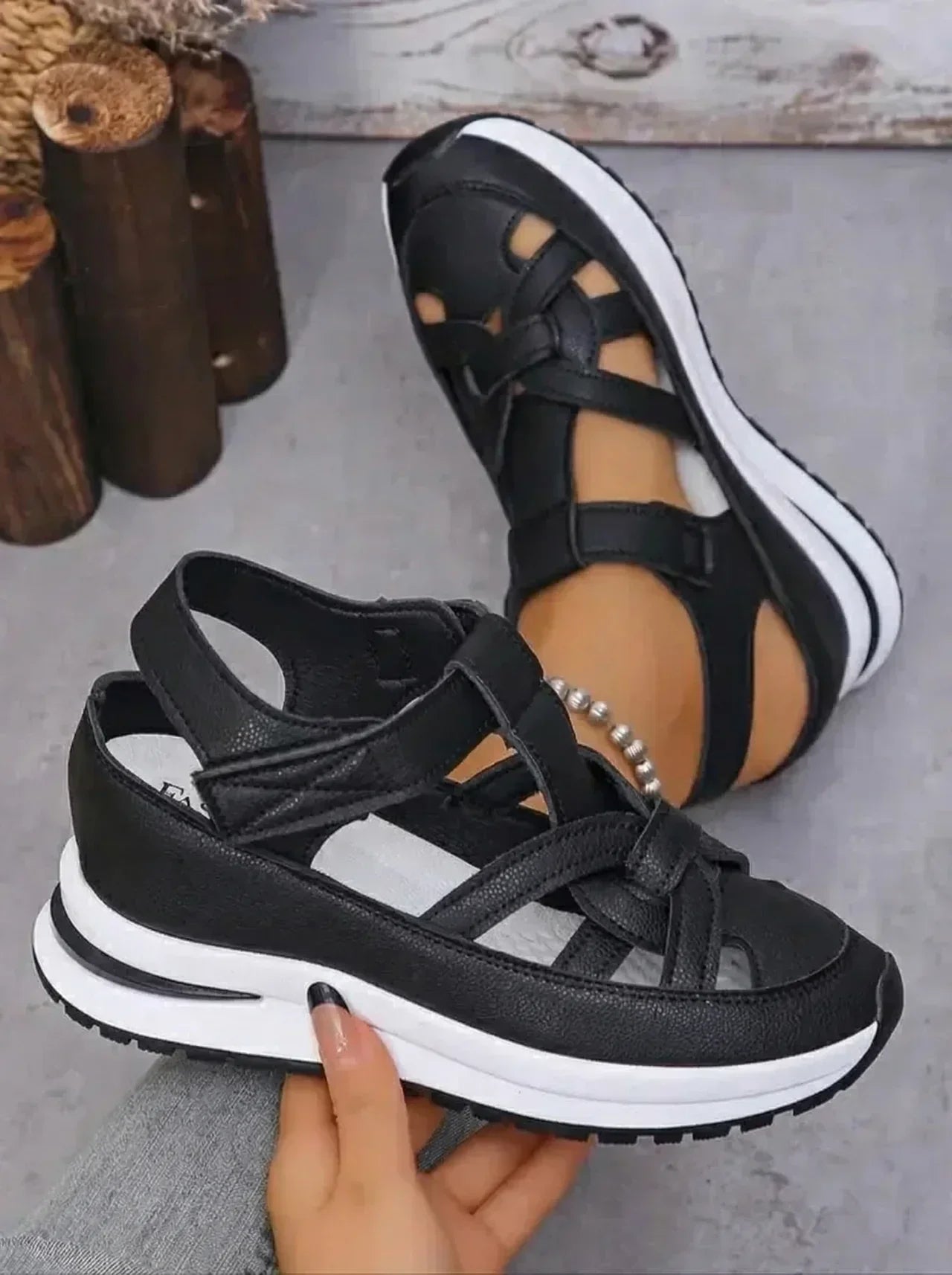 Orlise – De cuña con correa de velcro y suela de goma, sandalias