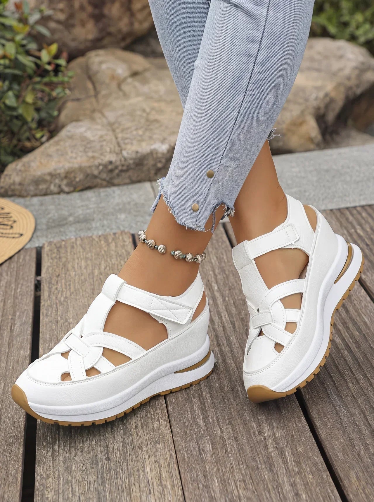Orlise – De cuña con correa de velcro y suela de goma, sandalias