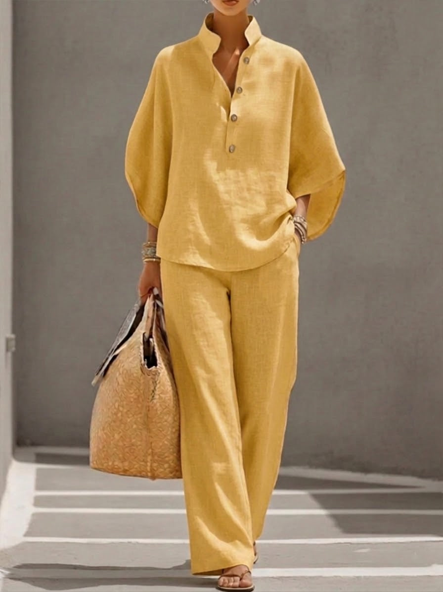 Conjunto de algodón y lino con mangas murciélago y pantalones anchos